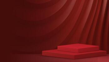 Red 3d podium pedestal silk wave curved dynamic soft flow effect wall background realistic vector