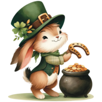 AI generated Cute bunny Saint Patrick's Day Clipart, rabbit wearing a leprechaun hat, Saint Patrick's Day png