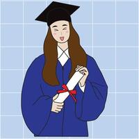 Graduate woman with happy face , smile. Hold a paper. vector