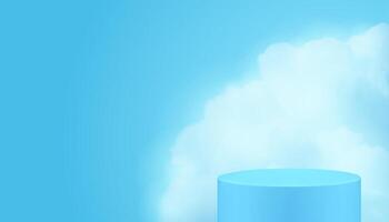 3d blue geometric cylinder podium pedestal with smoke fog cloud background realistic vector