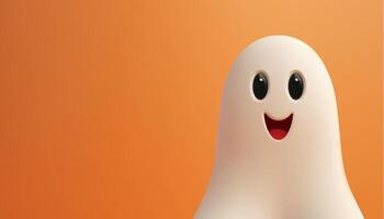 Smiling funny ghost in white fabric portrait Halloween banner copy space 3d icon realistic vector