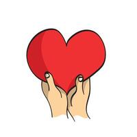 Hands holding or giving red big heart illustration vector hand drawn isolated on white background