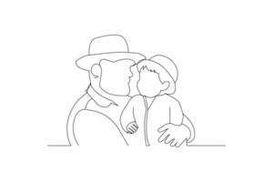 Father and son wearing hat continuous outline vector isolated on white background