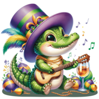 AI generated watercolor alligator baby celebration on Mardi gras festive png