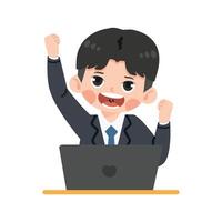 Successful Business man excited hold fist hand up gesture with laptop vector