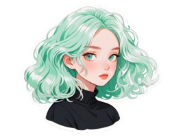 Beautiful cartoon anime girl with mint curly hair and green eyes sticker with white border png