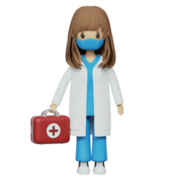 söt kvinna läkare i medicinsk klädsel innehav röd först hjälpa utrustning 3d återges ikon png