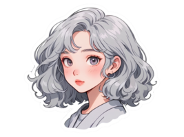 bellissimo cartone animato anime ragazza con grigio Riccio capelli e grigio occhi etichetta con bianca confine png