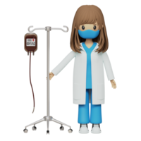 Female doctor in medical attire with an iv drip used for transfusion 3d icon png