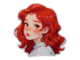 lindo jovem fêmea desenho animado personagem com vermelho cabelo avatar isolado adesivo com branco fronteira png