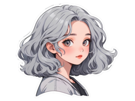 Beautiful cartoon anime girl with gray curly hair and gray eyes sticker with white border png