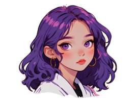 Beautiful young anime girl with purple hair and purple eyes isolated sticker with white border png