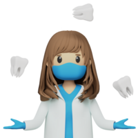 Cute female dentist doctor in medical attire juggling with several human teeth 3d rendered icon png