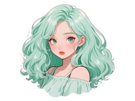 Beautiful cartoon anime girl with mint curly hair and green eyes sticker with white border png