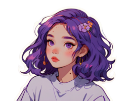 hermosa joven anime niña con púrpura pelo y púrpura ojos aislado pegatina con blanco frontera png