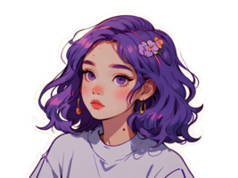 Beautiful young anime girl with purple hair and purple eyes isolated sticker with white border png