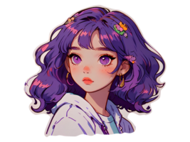 Beautiful young anime girl with purple hair and purple eyes isolated sticker with white border png