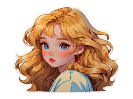 Beautiful cartoon anime girl with golden curly hair sticker with white border png