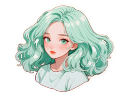 lindo desenho animado animê menina com hortelã encaracolado cabelo e verde olhos adesivo com branco fronteira png
