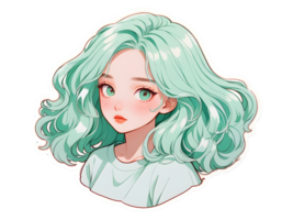 magnifique dessin animé anime fille avec menthe frisé cheveux et vert yeux autocollant avec blanc frontière png