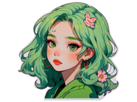 hermosa joven hembra anime personaje con verde pelo aislado pegatina con blanco frontera png
