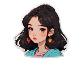 Beautiful young anime girl character with dark hair and brown eyes isolated sticker with white border png