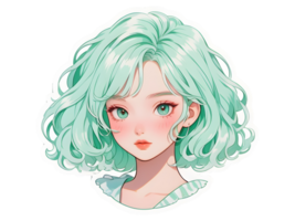 magnifique dessin animé anime fille avec menthe frisé cheveux et vert yeux autocollant avec blanc frontière png