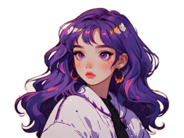 Beautiful young anime girl with purple hair and purple eyes isolated sticker with white border png