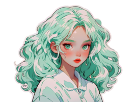 bellissimo cartone animato anime ragazza con menta Riccio capelli e verde occhi etichetta con bianca confine png