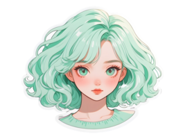 hermosa dibujos animados anime niña con menta Rizado pelo y verde ojos pegatina con blanco frontera png