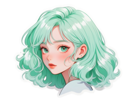 Beautiful cartoon anime girl with mint curly hair and green eyes sticker with white border png