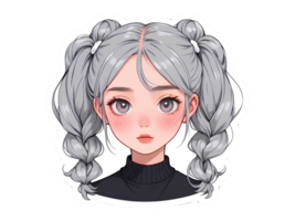 lindo desenho animado animê menina com cinzento encaracolado cabelo e cinzento olhos adesivo com branco fronteira png