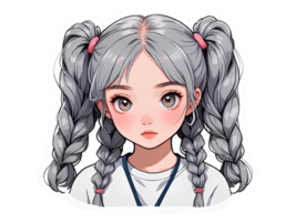 lindo desenho animado animê menina com cinzento encaracolado cabelo e cinzento olhos adesivo com branco fronteira png