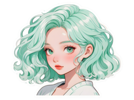 Beautiful cartoon anime girl with mint curly hair and green eyes sticker with white border png