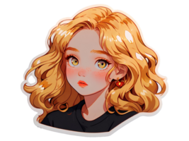 Beautiful cartoon anime girl with golden curly hair sticker with white border png