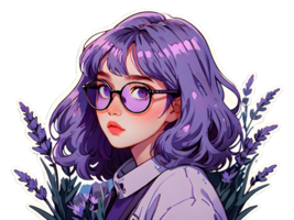 Beautiful cartoon anime girl with light purple curly hair and purple eyes in glasses sticker with white border png
