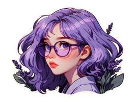 Beautiful cartoon anime girl with light purple curly hair and purple eyes in glasses sticker with white border png