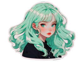 Beautiful cartoon anime girl with mint curly hair and green eyes sticker with white border png