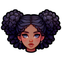 Sticker of beautiful cartoon girl with dark curly hair png