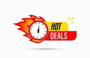 Hot Deals with stopwatch icon. Flat promotion for fire banner, price tag, hot deal, sale, offer, price. Isolated on a white background vector