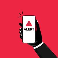 Hand holds phone with alert notification,  scam and cyber security vector