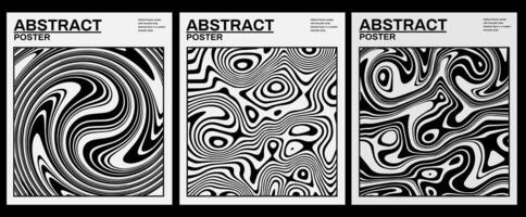 Set of abstract black posters with liquid. Optical background with wavy line in futuristic modern style. Fluid Stripes Art. Swiss Design. vector