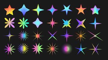 Set of colorful star shape in brutalist y2k style. Collection of neon gradient mesh elements. Abstract holographic figures. Vector illustration