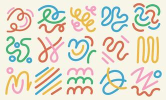 Set of abstract playful curve and squiggle. Childish background with retro wavy stripes. Fun colorful line doodle. Vector art