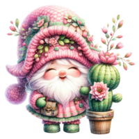 ai generiert Kaktus Gnom Illustration mit Rosa und Grün Hut png
