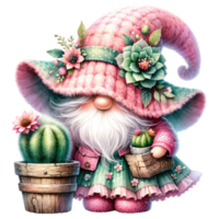 ai genererad kaktus gnome illustration med rosa och grön hatt png