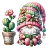 AI generated Cactus Gnome Illustration with Pink and Green Hat png