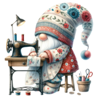 AI generated Sewing Gnome with Vintage Sewing Machine Illustration. png