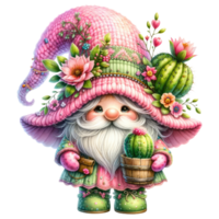 AI generated Cactus Gnome Illustration with Pink and Green Hat png