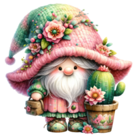 ai généré cactus gnome illustration avec rose et vert chapeau png